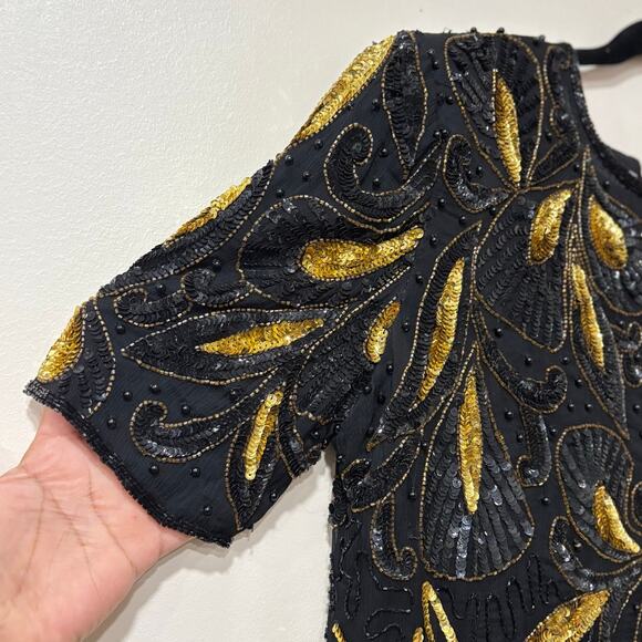 Vintage Black & Gold Beaded Cocktail Dress – Art Deco Sequin Short Sleeve Party - Picture 8 of 9